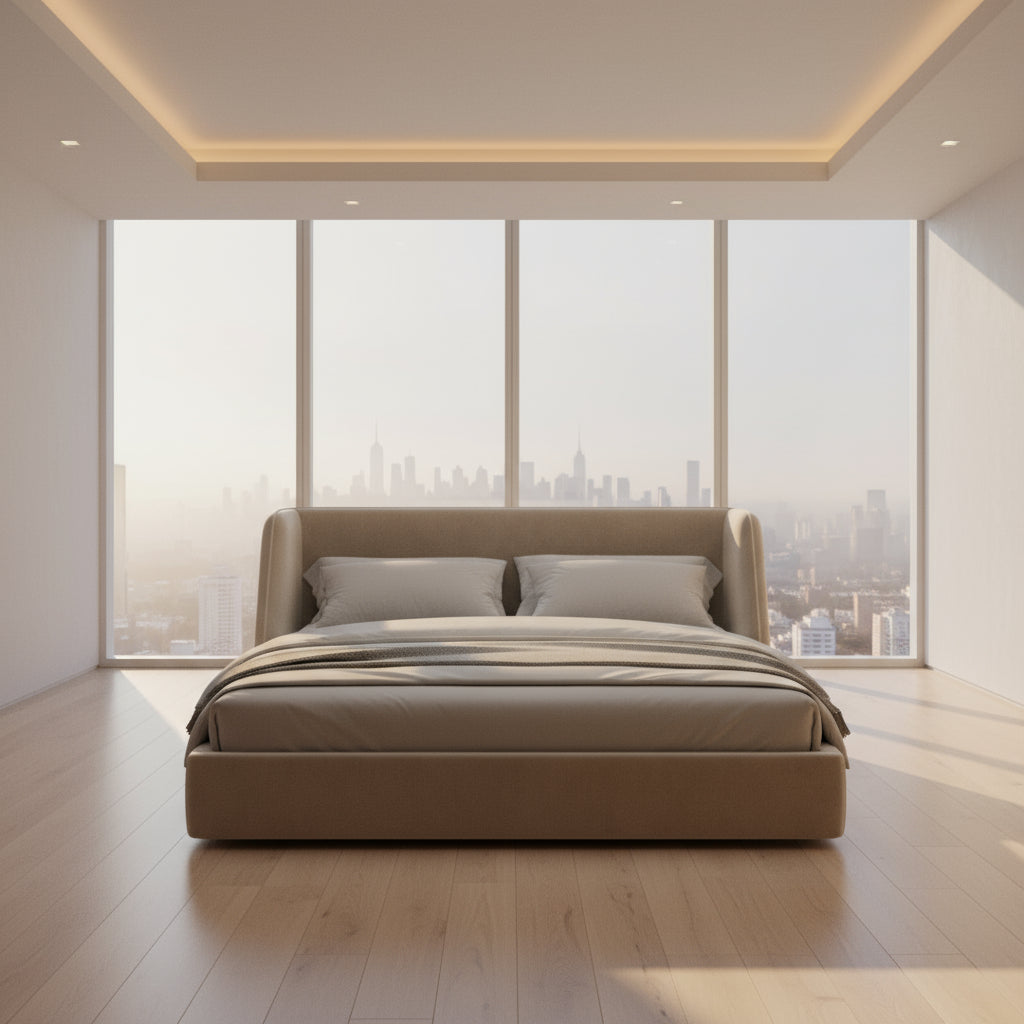 Modern bedroom with a large bed, neutral walls, and decorative elements.