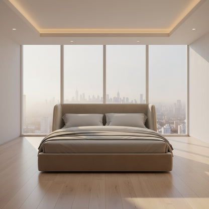 Modern bedroom with a large bed, neutral walls, and decorative elements.