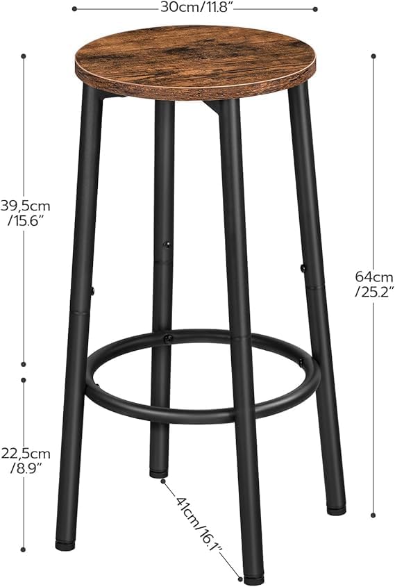 Bar Stool - Metal - Set Of 2 - Black & Brown - 30 x 30 x 64 cm