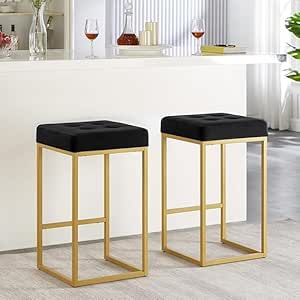 Bar Stool - Metal - Velvet - Gold & Black - 38.1 x 38.1 x 66 cm