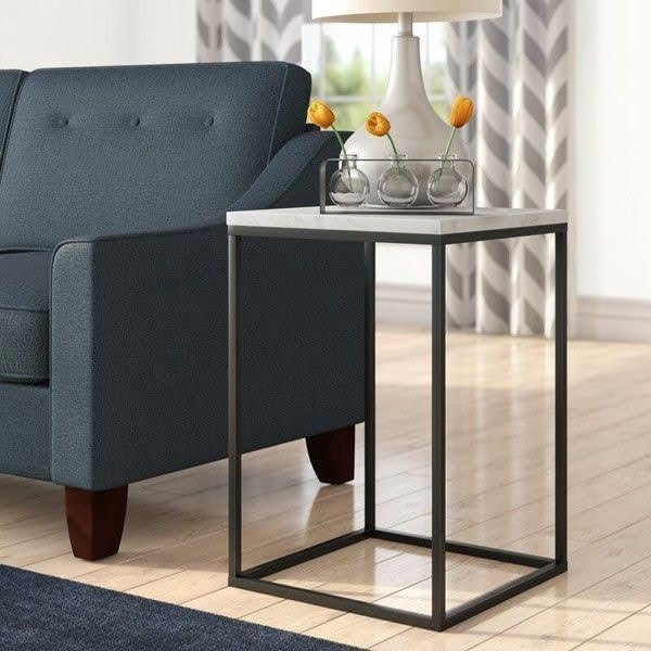 Side Table - Metal & Wood - Black & White - 40 x 40 x 60 cm