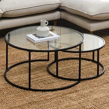 Coffe Table - Set Of 2 - Metal & Glass - Black - 70 x 70 x 45 cm
