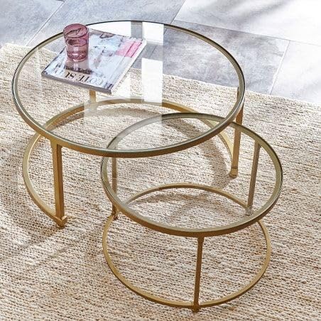 Coffe Table - Set Of 2 - Metal & Glass - Gold - 70 x 70 x 45 cm