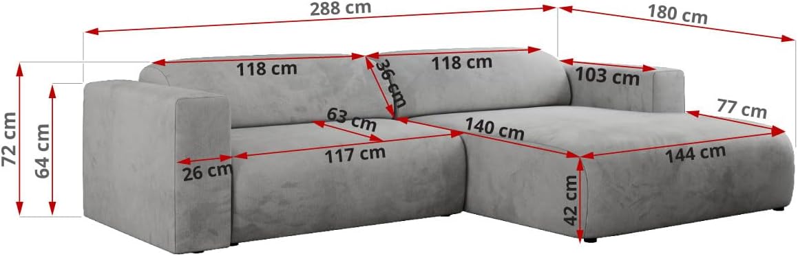 ركنه حرف L - خشب الزان - متعدد الألوان - 288*180*90*72 سم