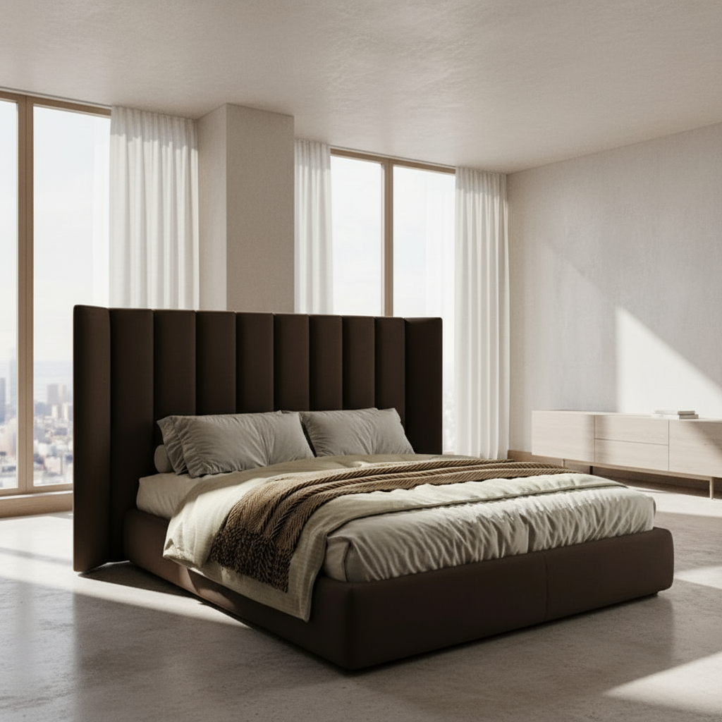 Modern bedroom with a large bed, headboard, and wall art.