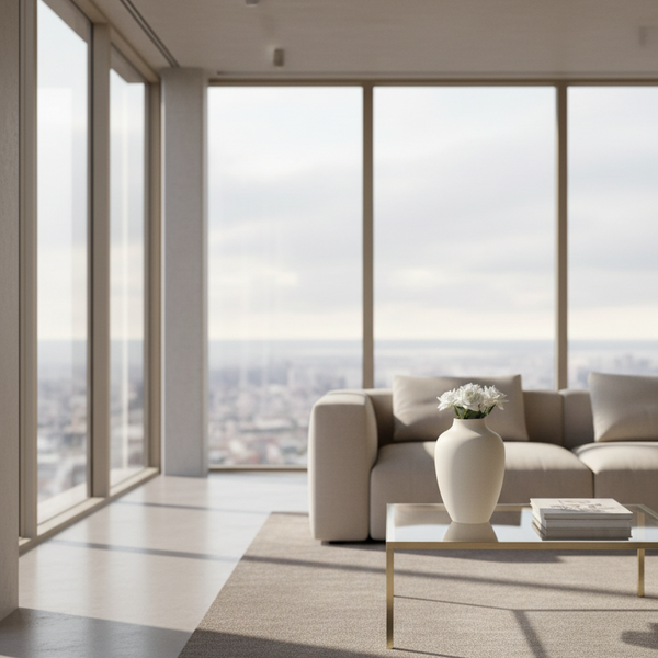 White vase with white flowers on a table