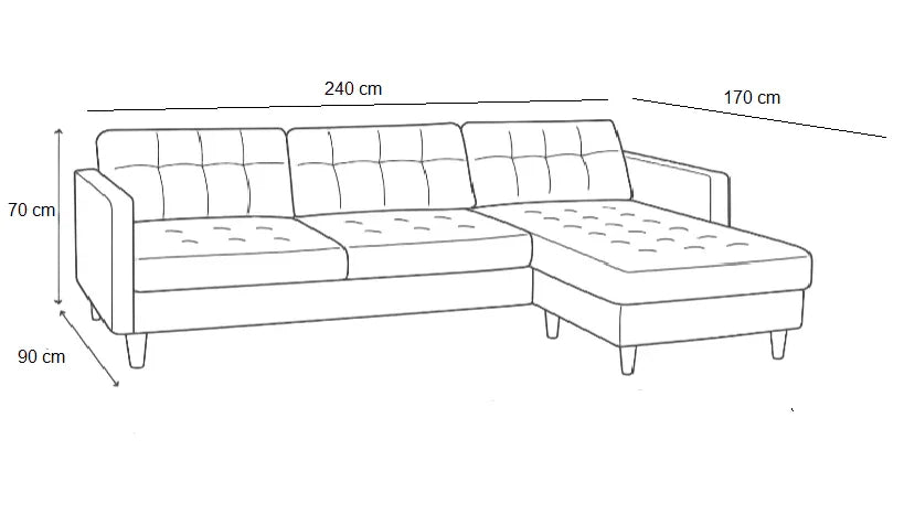 Sofa L Shape - Beech Wood - Linen Fabric - Grey - 240x170x90x70 cm - Cataloug