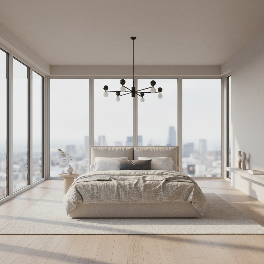 Beige bed with white bedding and a black chandelier on a white background