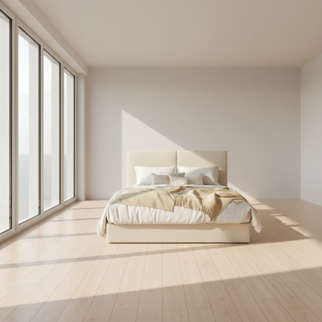 Neatly made bed in a bedroom with a chandelier, lamps, and neutral decor.
