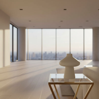 White vase on a glass table with a plant in the background