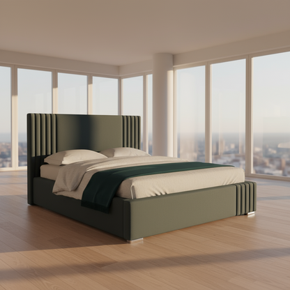 Gray upholstered bed in a modern bedroom setting with neutral walls and decor.