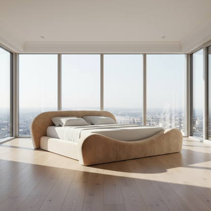 Modern bed with beige and gray design on a beige background