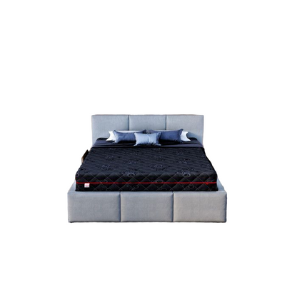 Bed with a black mattress cover in a modern bedroom setting