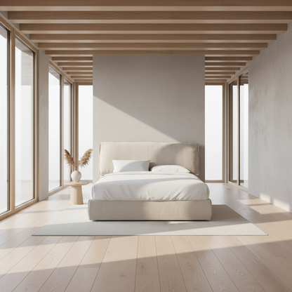 Beige bed frame with white bedding against a plain white background