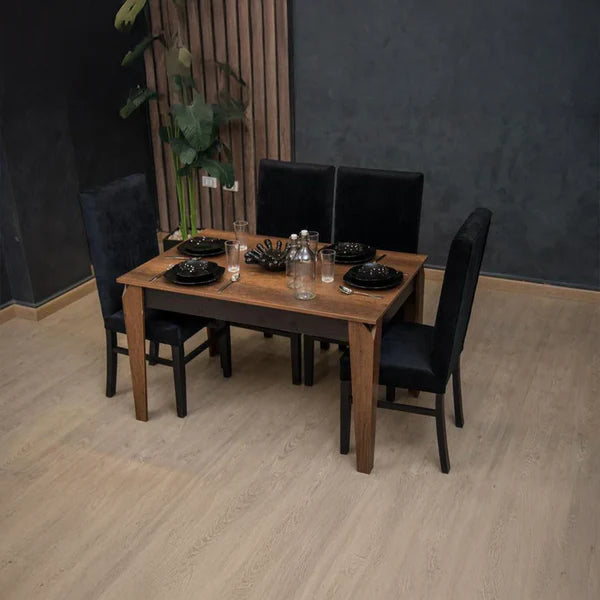 طاولة طعام - 4 كراسي - خشب MDF وخشب زان - بني وأسود - 160 × 80 × 80 سم