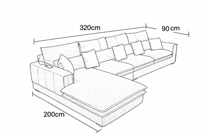 Sofa L Shape - Natural Wood - Linen Fabric - Blue - 320x200 cm