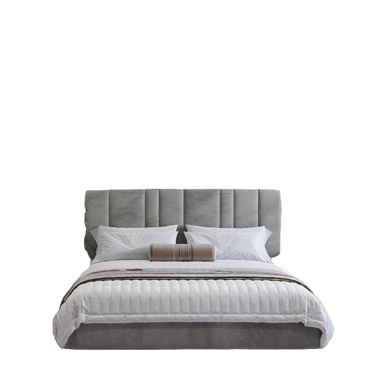 Modern bedroom with a gray upholstered bed, white bedding, and pendant lights.