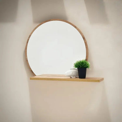 Rounded Mirror with shelf NW-Wooden color- 60x12x60 cm