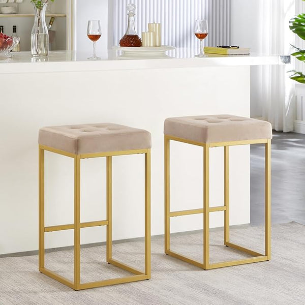 Bar Stool - Set Of 2 - Metal - Velvet - Gold - 38.1 x 38.1 x 66 cm