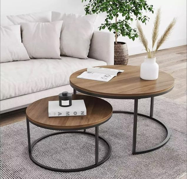Coffe Table - Set Of 2 - Metal & Marble - Brown - 65 x 65 x 45 cm
