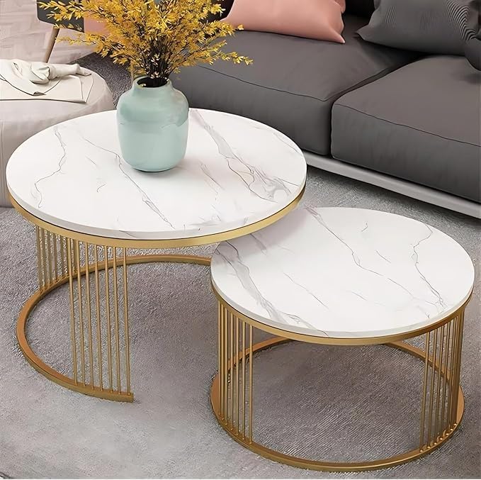 Coffe Table - Set Of 2 - Metal & Marble - Gold - 65 x 65 x 45 cm