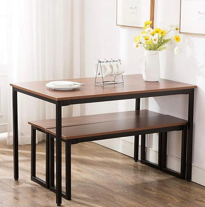 Dining Table - 2 Dining Benches - Metal & Wood - Black & Brown - 120 x 70 cm