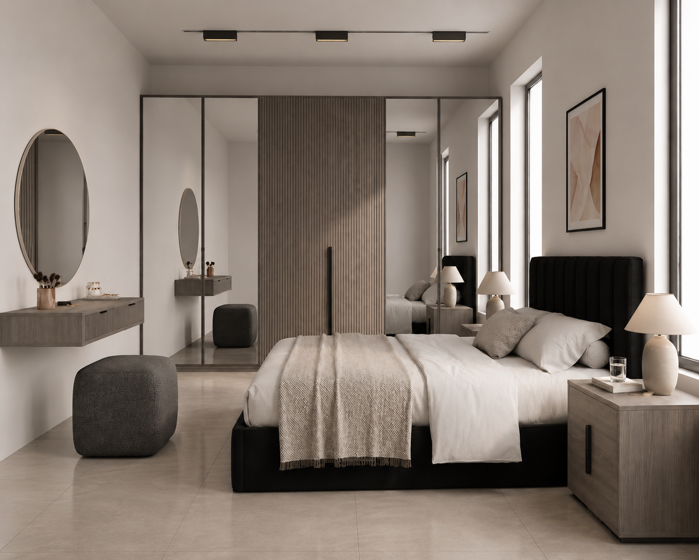 Full Bedroom  - MDF Wood - Gray - Reflective Glass