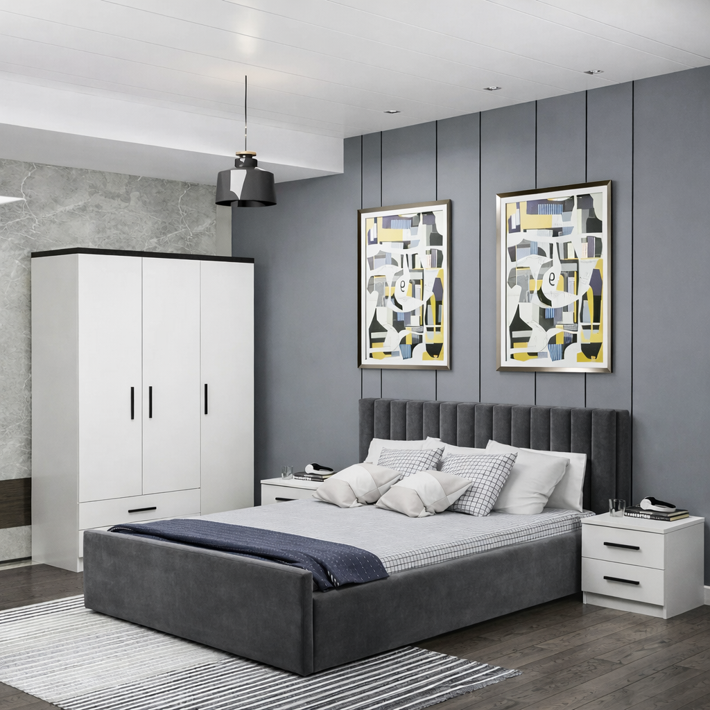 غرفة نوم شباب  - خشب ام دي اف - أبيض ورمادي