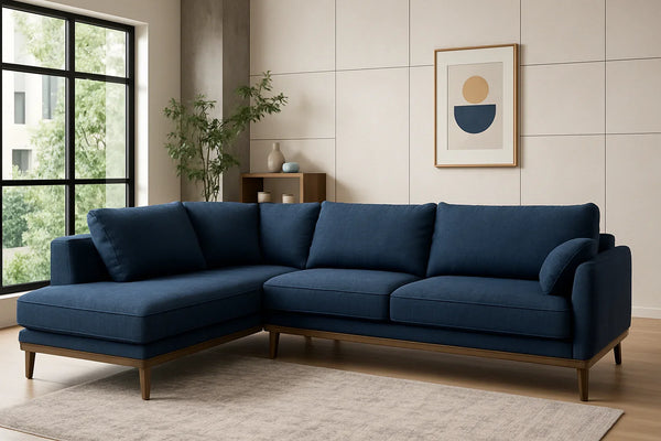 Sofa L Shape - Beech Wood - Linen Fabric - Blue - 300x200x90 cm - Cataloug