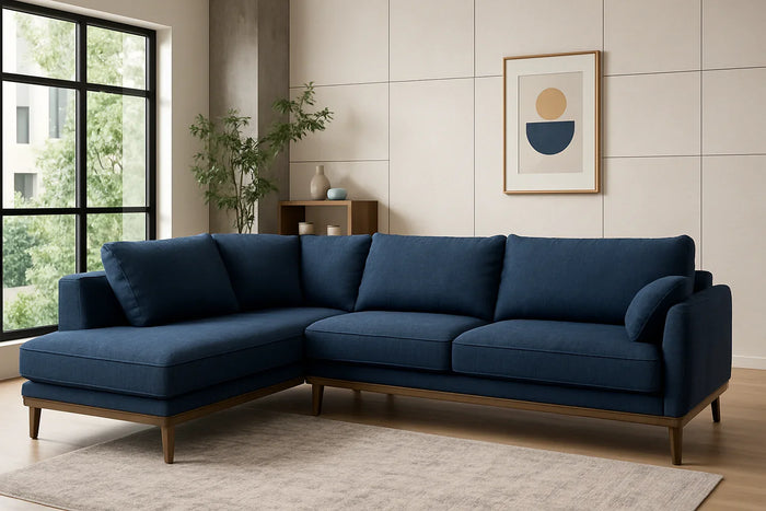 Sofa L Shape - Beech Wood - Linen Fabric - Blue - 300x200x90 cm - Cataloug