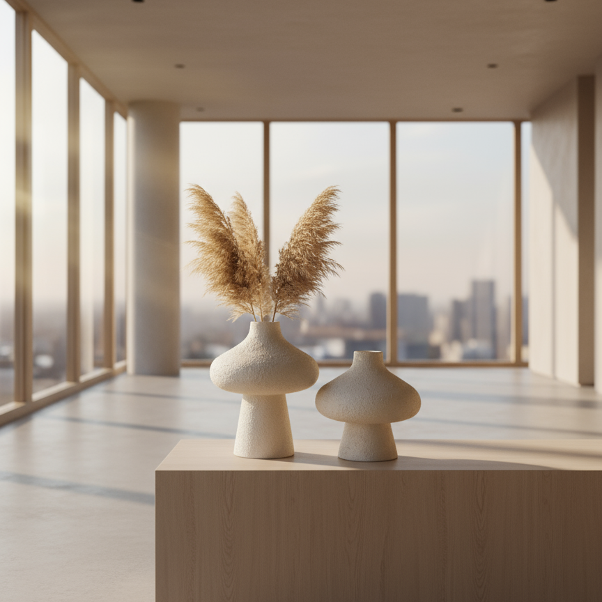 Two ceramic vases with dried pampas grass on a wooden platform in a modern room with large windows.