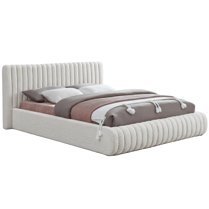 Bed with textured headboard and bedding on a white background