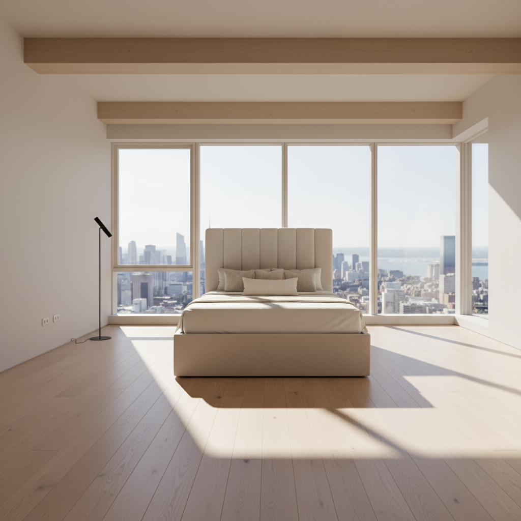 Beige upholstered bed with white bedding on a white background