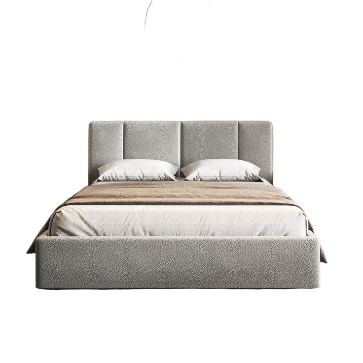 Gray upholstered bed in a bedroom with wooden nightstands and abstract art on the wall.