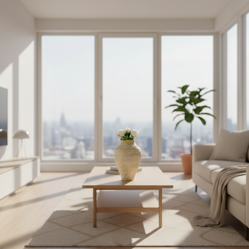 Modern living room with large windows, a coffee table, and a sofa.