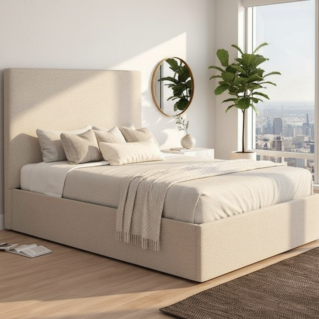 Beige upholstered bed in a room with a plant and framed picture on the wall.