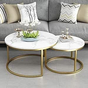 طاولة قهوة - معدن وخشب رخامي - ذهبي - 70 × 70 × 45 سم