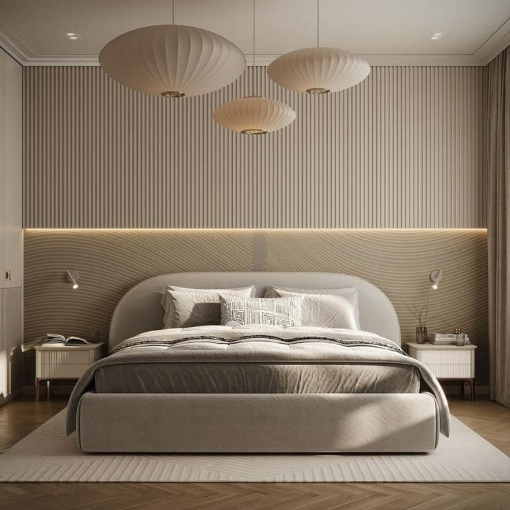 Modern bedroom with a bed, side tables, and pendant lights.