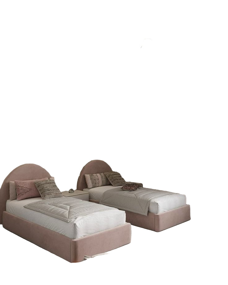 Modern bedroom with two pink beds, decorative pillows, and a floral wall mural.