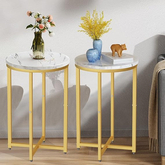Side Table - Set Of 2 - Metal & Marble Wood - White & Gold - 39.5 x 39.5 x 62 cm