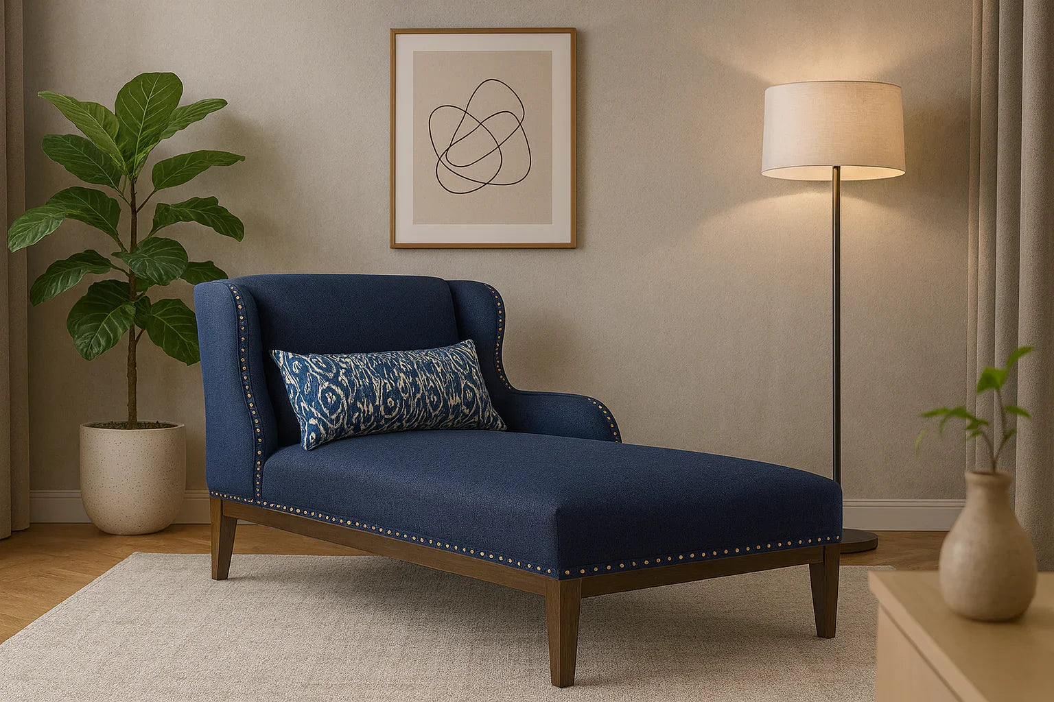 Chaise Lounge - Beech Wood - Linen Fabric - Blue - 160x90x80 cm - Cataloug