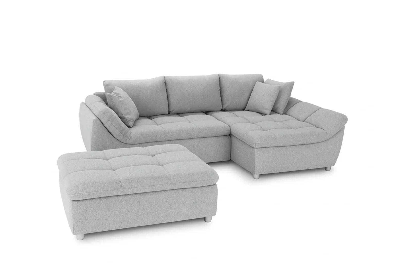 Sofa L Shape & Pouf - Beech Wood - Linen Fabric - Grey - 250x180x90 cm 90x90 cm - Cataloug