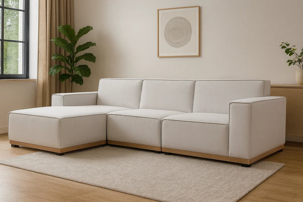 Sofa L Shape - Beech Wood - Linen Fabric - White - 350x180x75 cm - Cataloug