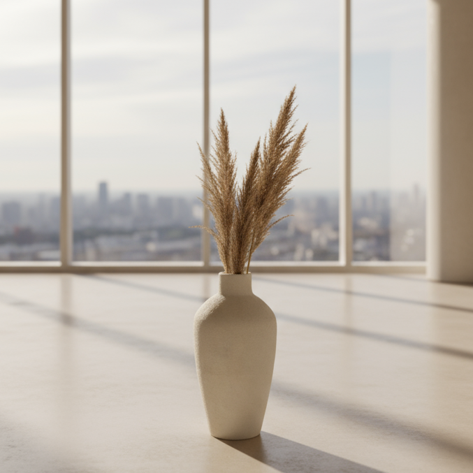 Two textured vases on a tiled floor with a mirror reflecting part of the room.