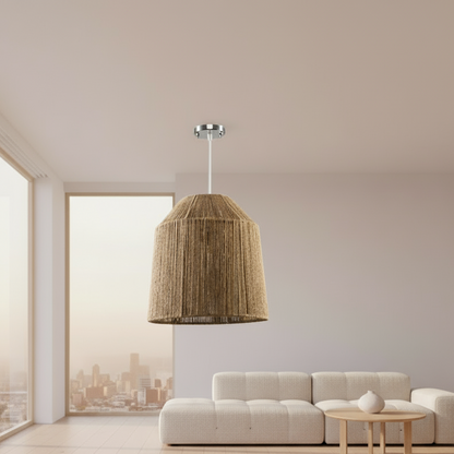Pendant light with woven natural material shade on a white background