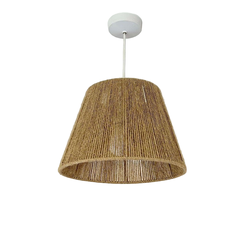 Beige pendant lamp hanging against a white wall