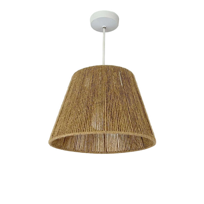 Beige pendant lamp hanging against a white wall