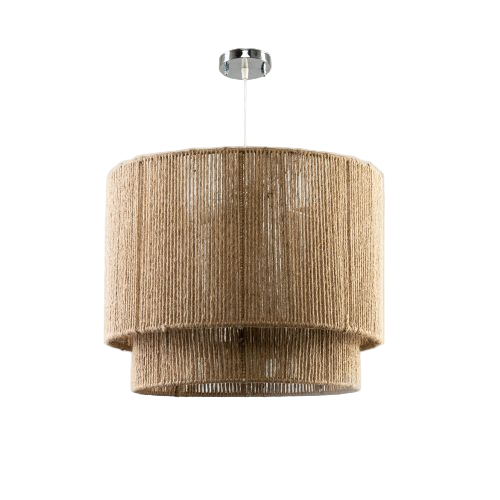 Beige woven pendant light on a gray background