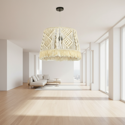 Macrame pendant light with fringe on a plain background