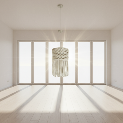 Pendant light with woven design and fringes on a white background